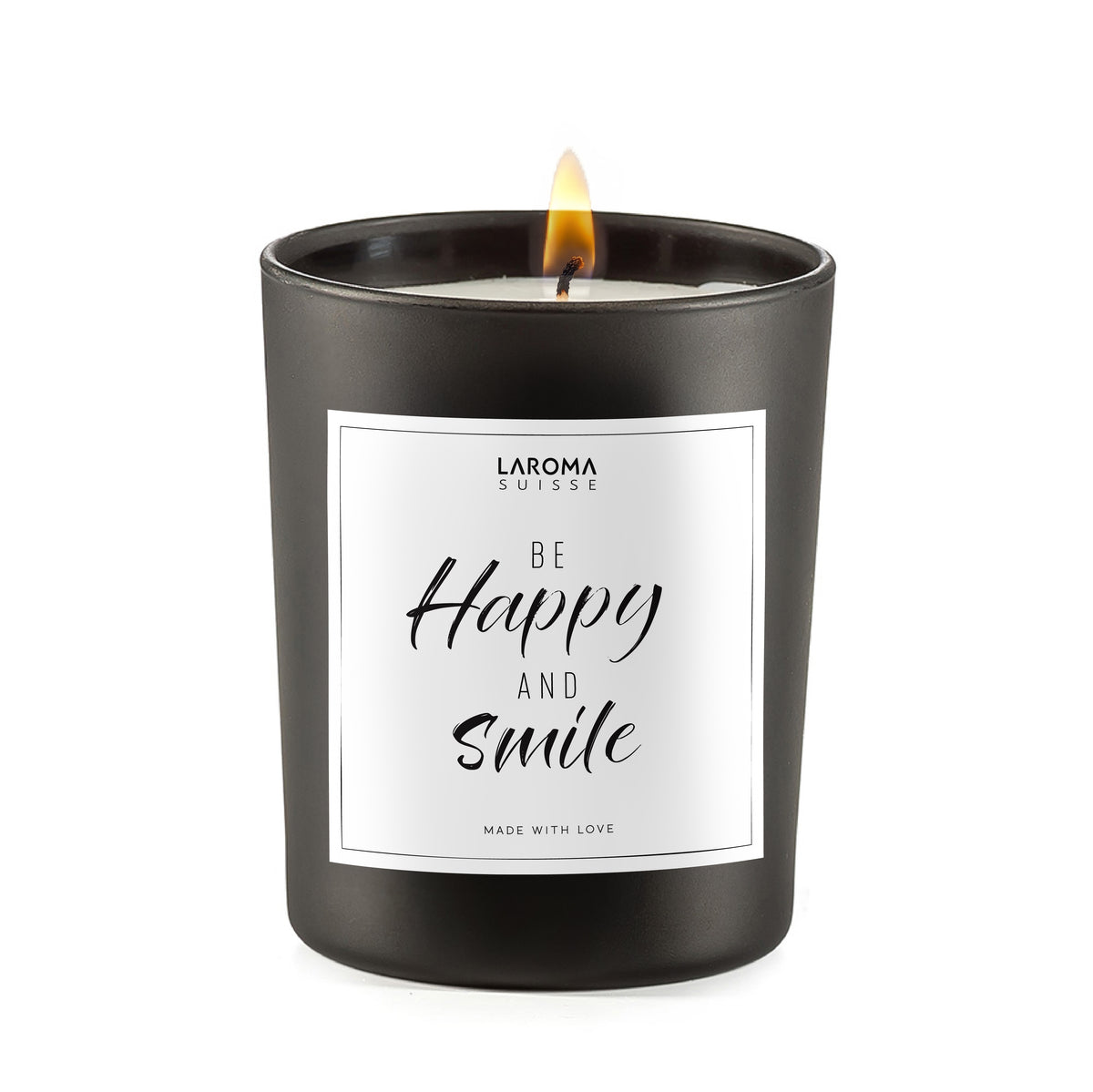 Happy and Smile Spruchkerze im edlen Glas mattschwarz
